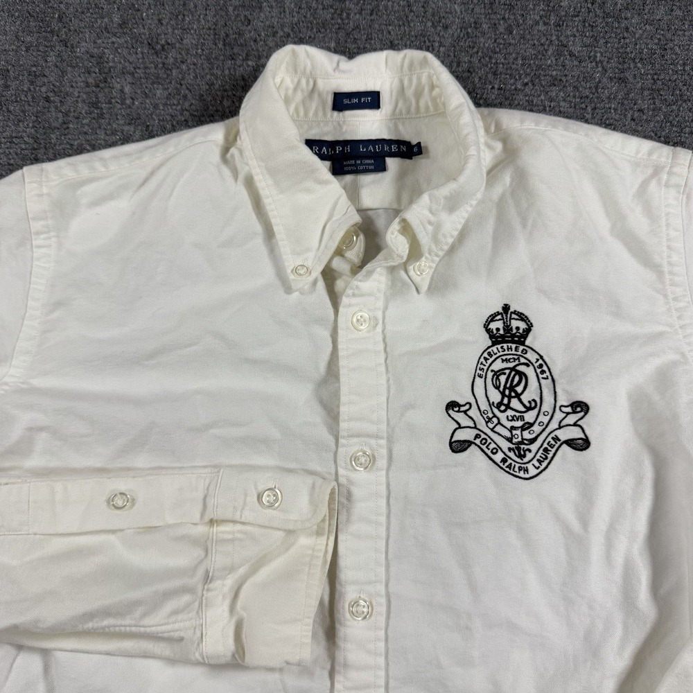 Ralph Lauren Shirt Womens 6 White Embroidered Crest Button Up Slim Vintage